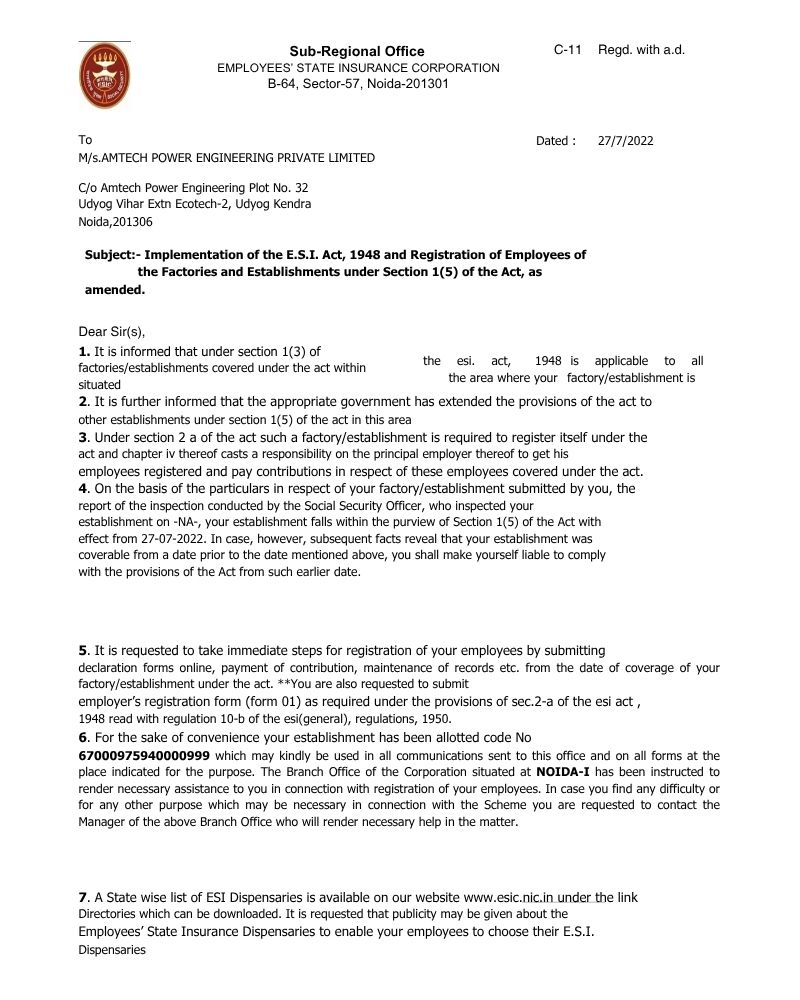 ESIC Registration Certificate