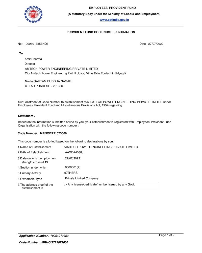 PF Registration Certificate